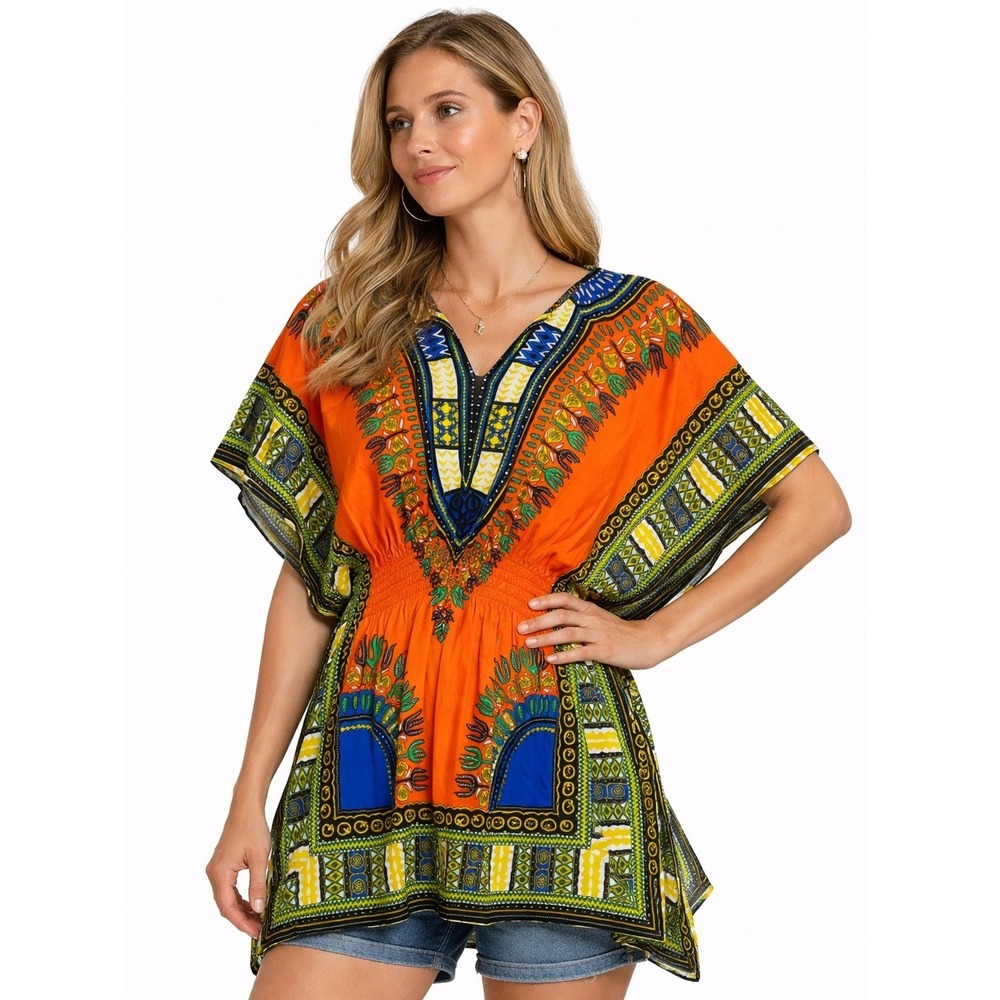 Kear‎ & Heng Dashiki Kaftan Top Women One Size Orange Multi Print Cinched Waist